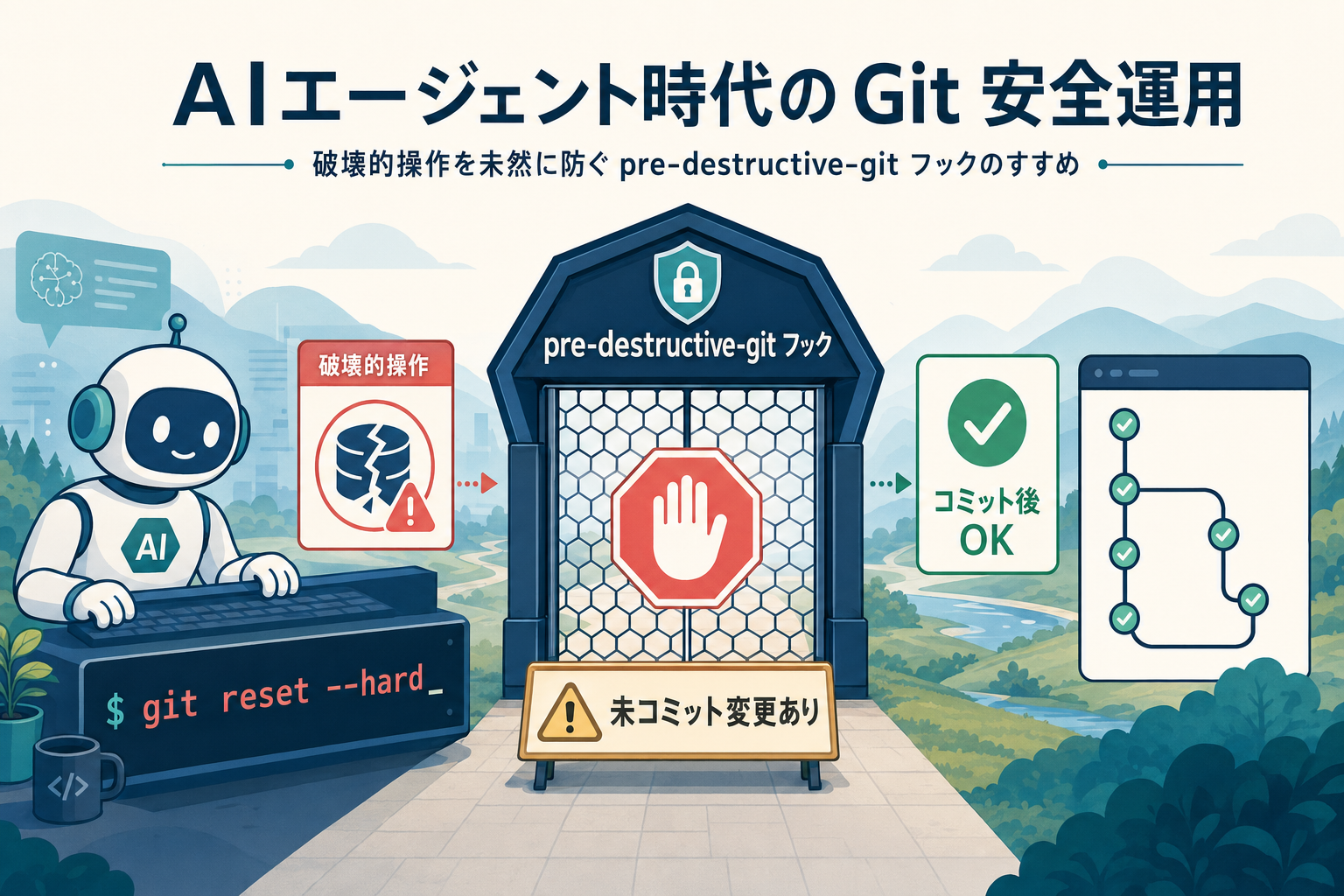 破壊的 git 操作を pre-destructive-git フックの六角ゲートが「未コミット変更あり」で阻止する場面と、コミット後の安全状態を対比した概念図