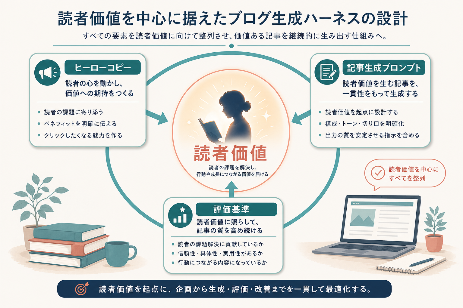 中央の「読者価値」シルエットを「ヒーローコピー」「記事生成プロンプト」「評価基準」の 3 つの弧が囲み、内向き矢印で揃える概念図