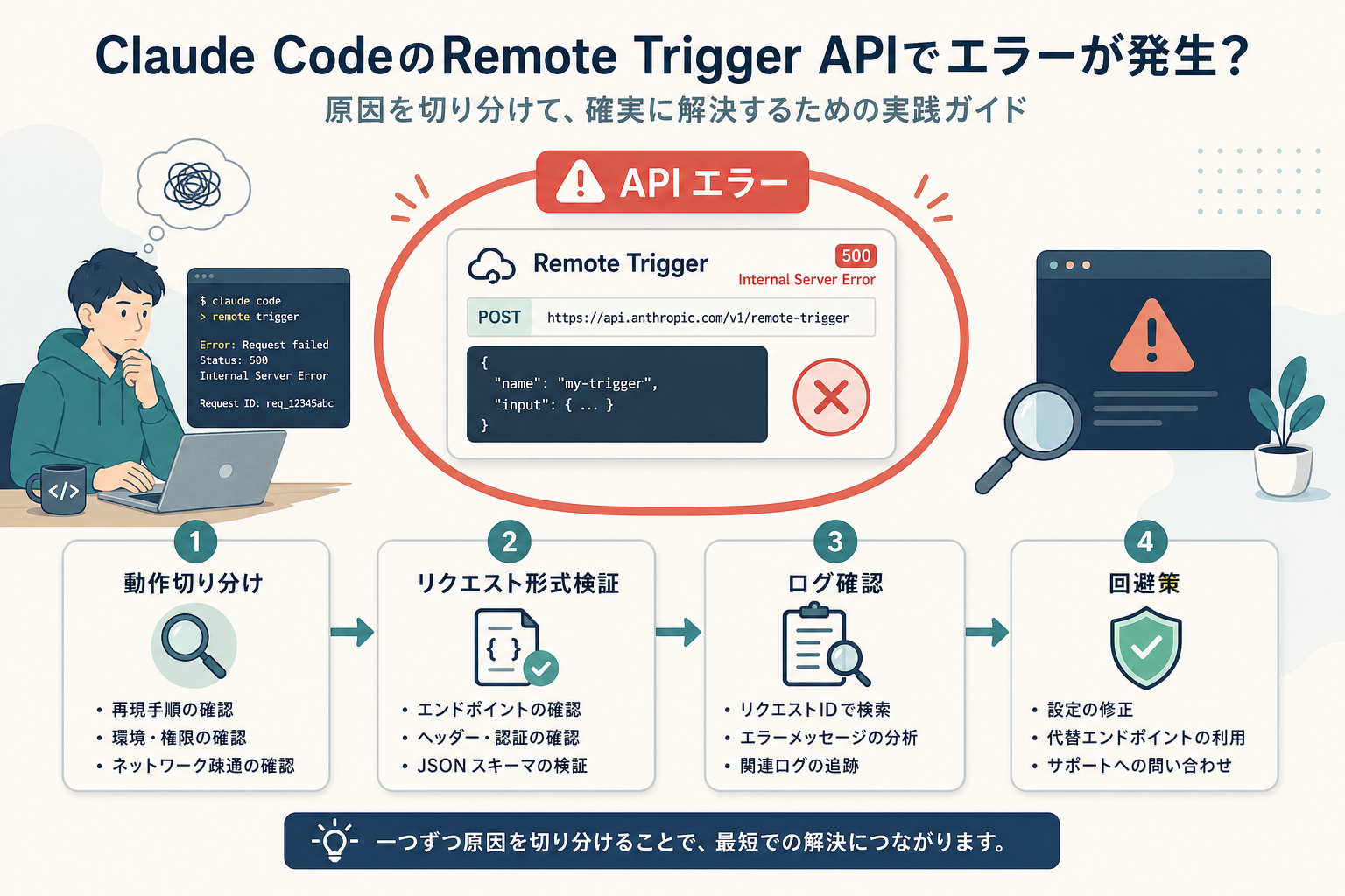 中央の Remote Trigger API コールカードを赤い「API エラー」リングが囲み、その下に「動作切り分け → リクエスト形式検証 → ログ確認 → 回避策」の 4 段デバッグ手順を並べた図