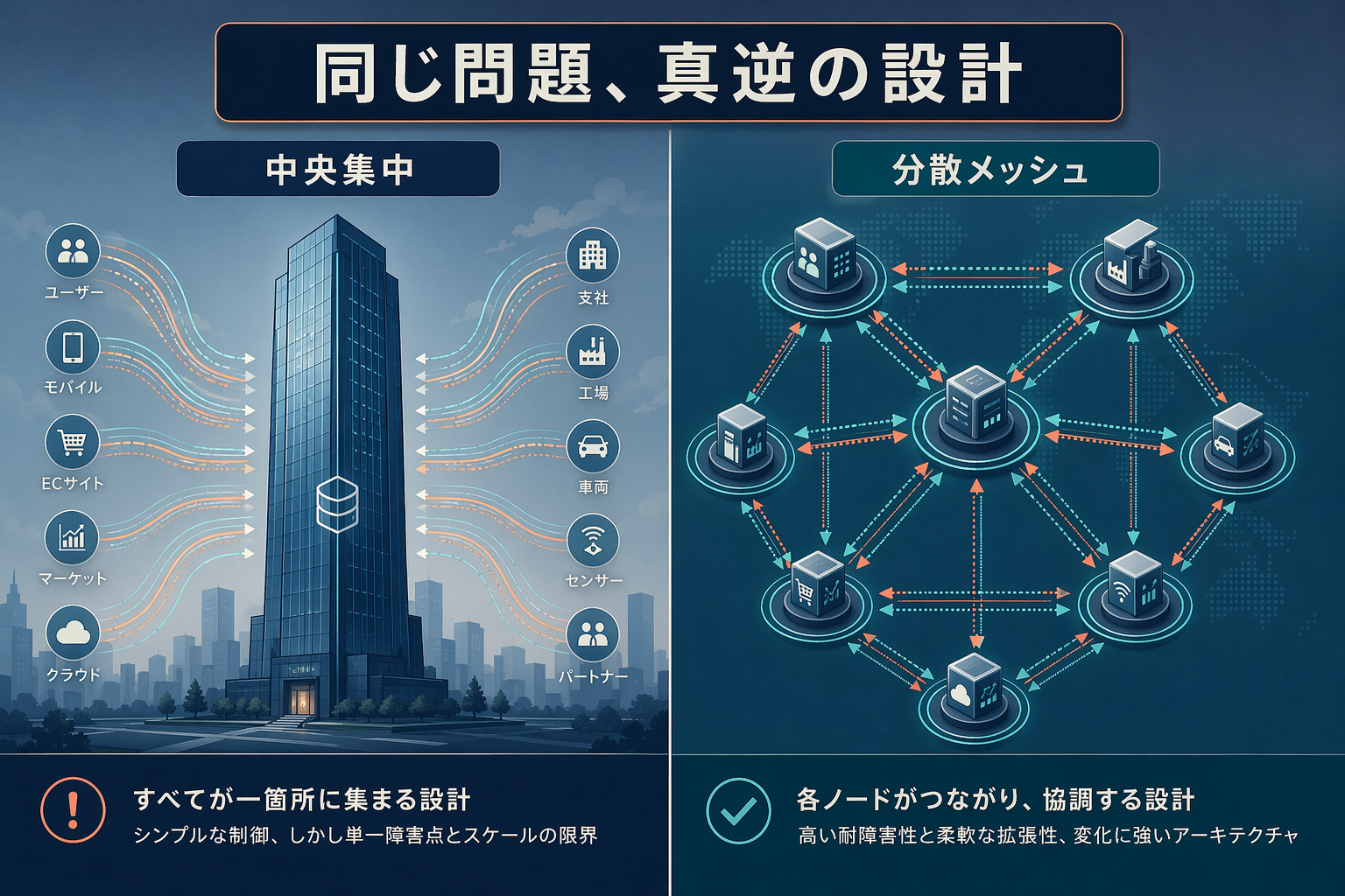同じ問題に対する真逆の設計。左は『中央集中』でビル群に全データが集まる図、右は『分散メッシュ』で相互接続された複数ノードに責任が分かれている図